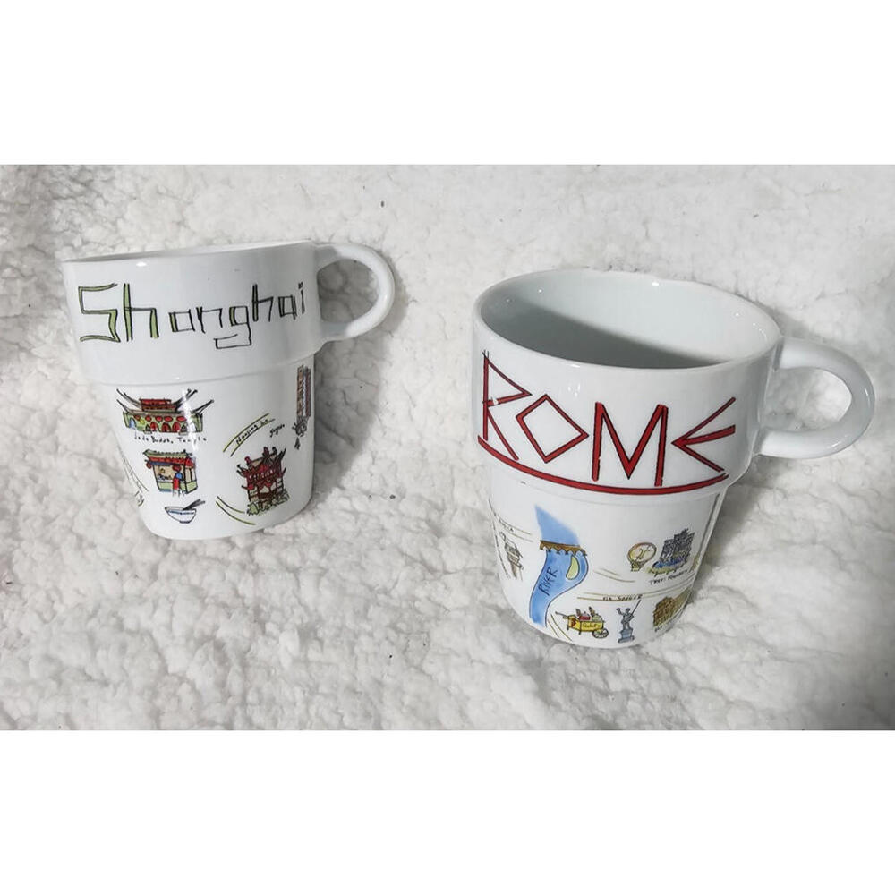 (Set of 2) World Market Stackable Coffee Mugs Rome & Shanghai Decor 4" Ceramic